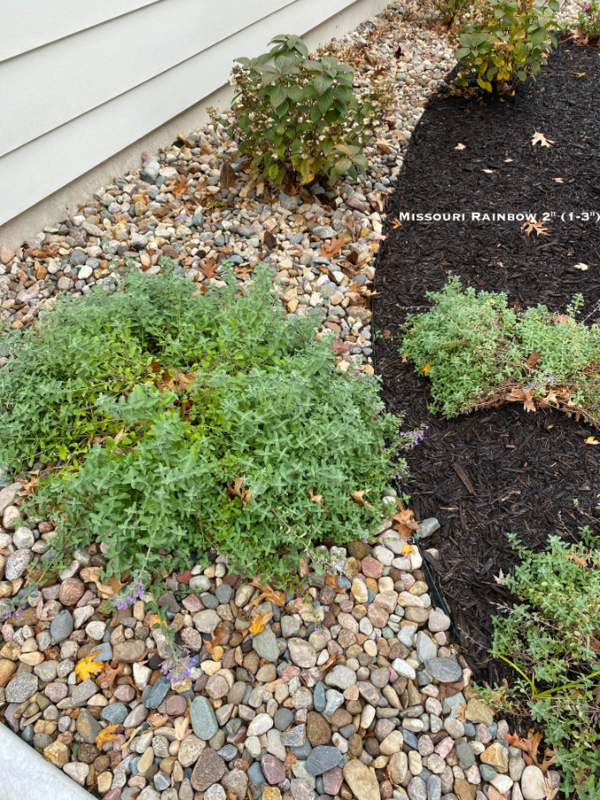 Missouri Rainbow River Rock used in a landscape bed located in Kansas City
